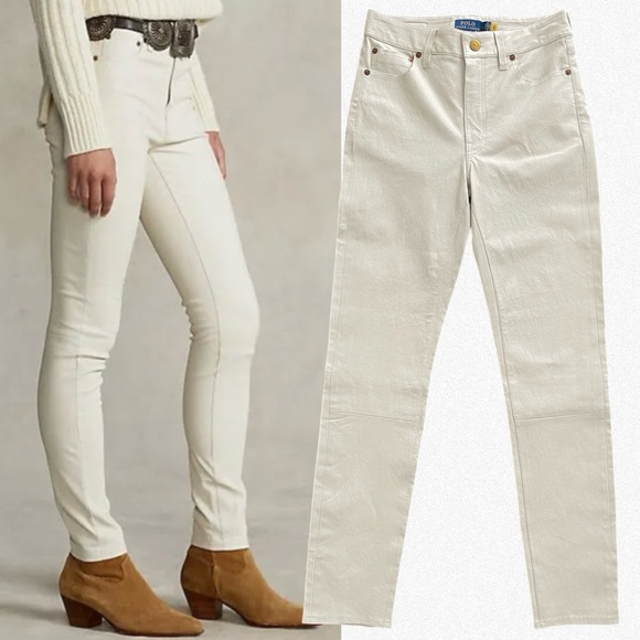 Polo Ralph Lauren Lambskin Trousers White Cream Leather Slim Fit Straight Leg 2 - Picture 2 of 7